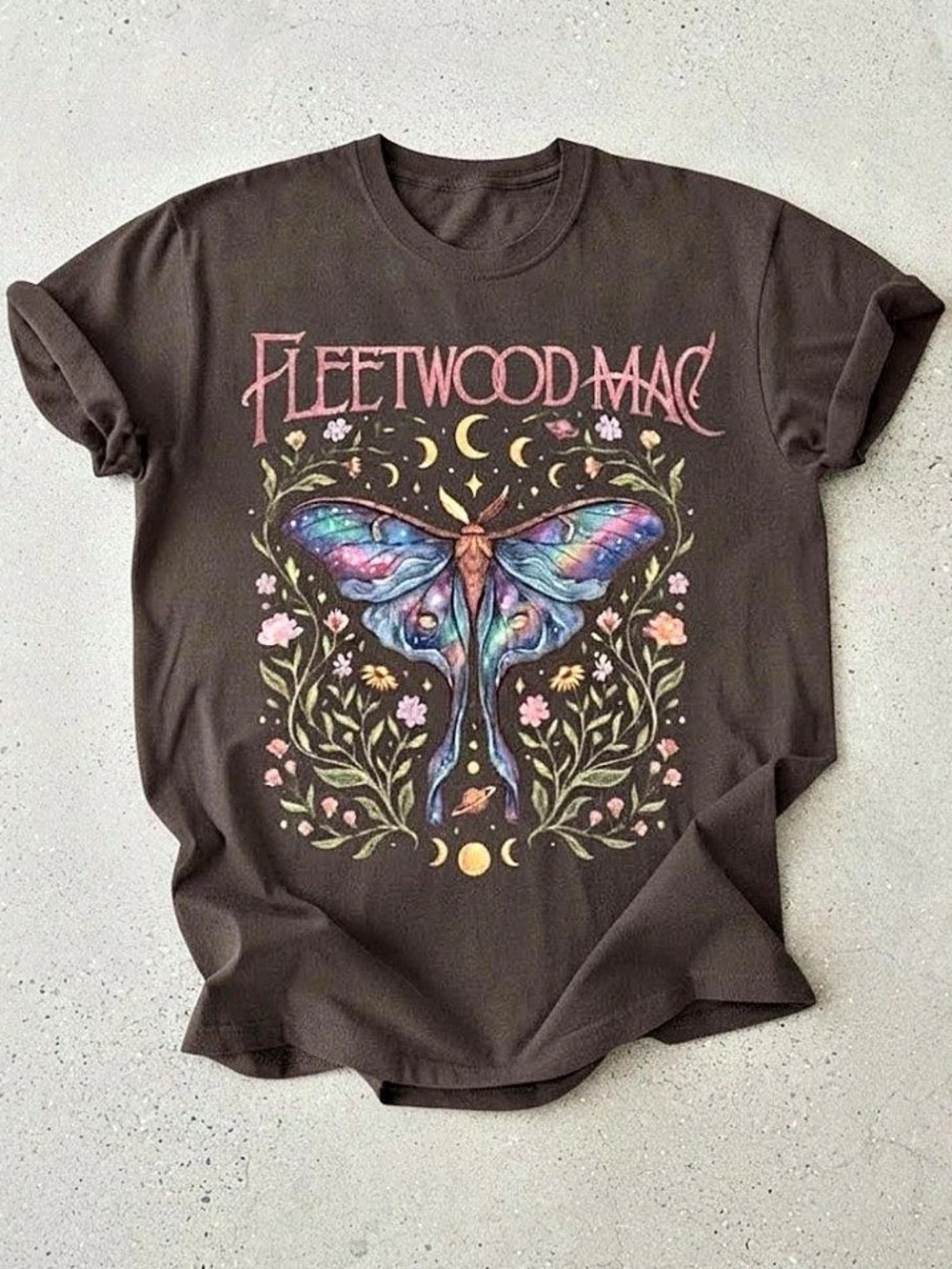 Fleetwood Mac Celestial Moth Floral Dark Brown Gildan T-Shirt